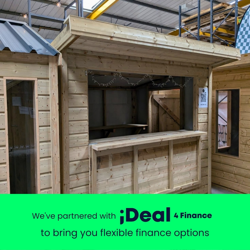 Timber garden bar with hatch folded down, ready for service